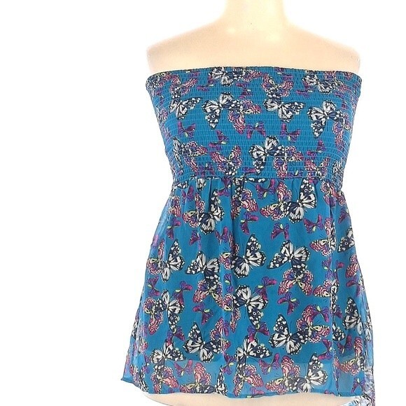 Blue chiffon butterfly print smocked strapless top size medium - Picture 1 of 6